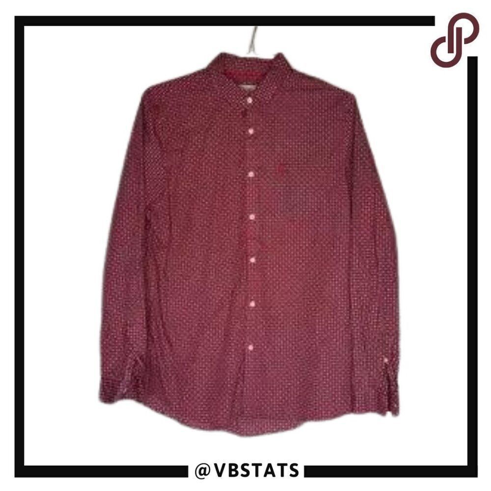 Jack Wills Red with White-Blue Small Print LS Button Down Shirt in Size Large